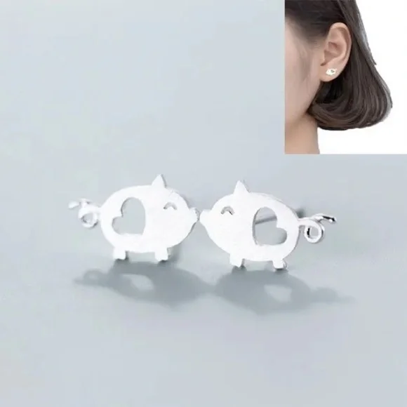Teeny Tiny Precious Piglet Sterling Silver Lovable Heart Micro Stud Earr… - Picture 3 of 6